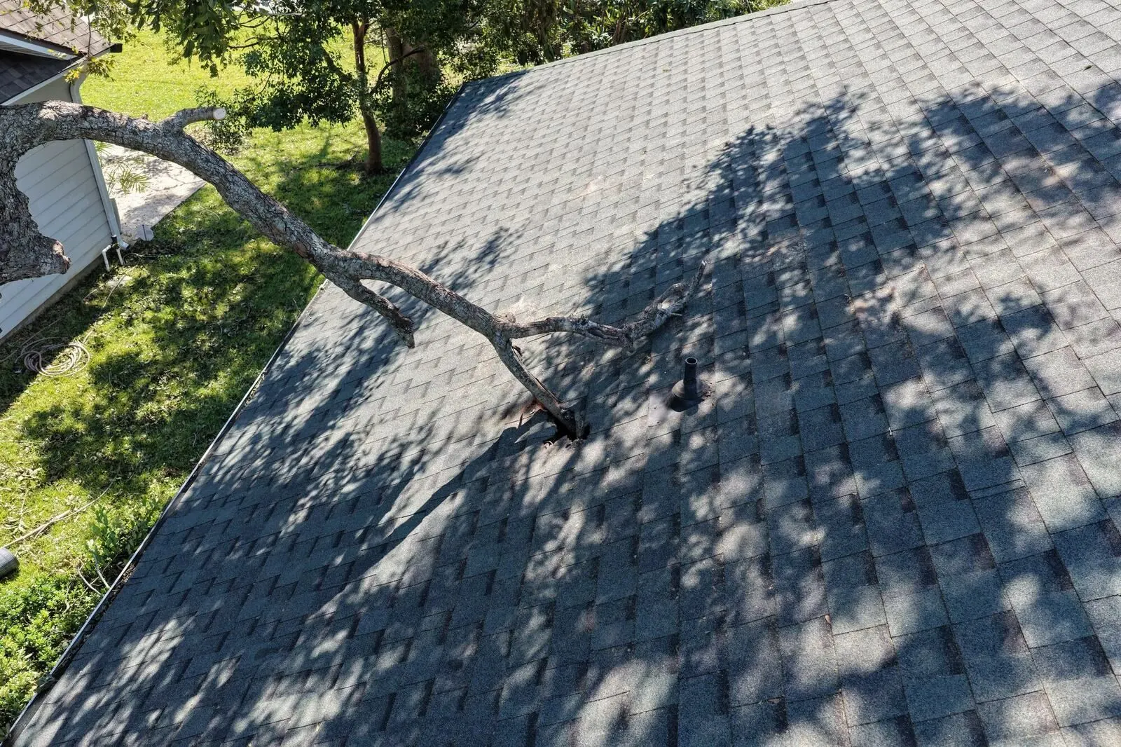 Aerial photo of a limb through a roof